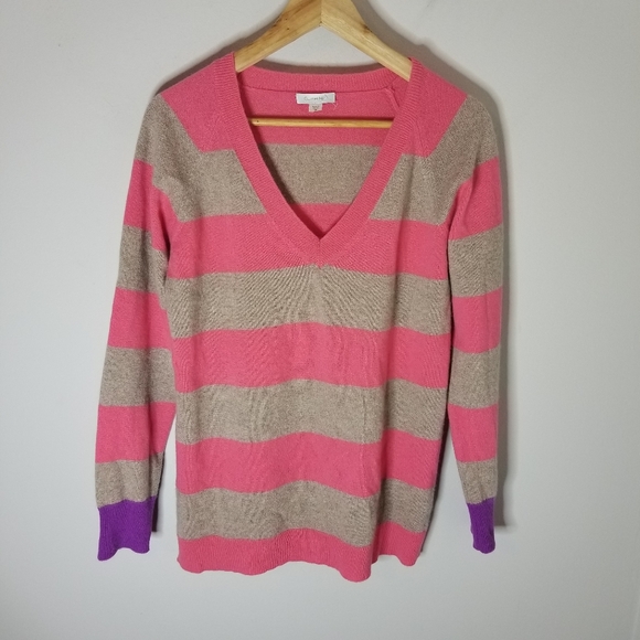 Garnet Hill Sweaters - Garnet Hill Cashmere Sweater V Neck Sweater Pink Stripe Contrasting Cuffs XS